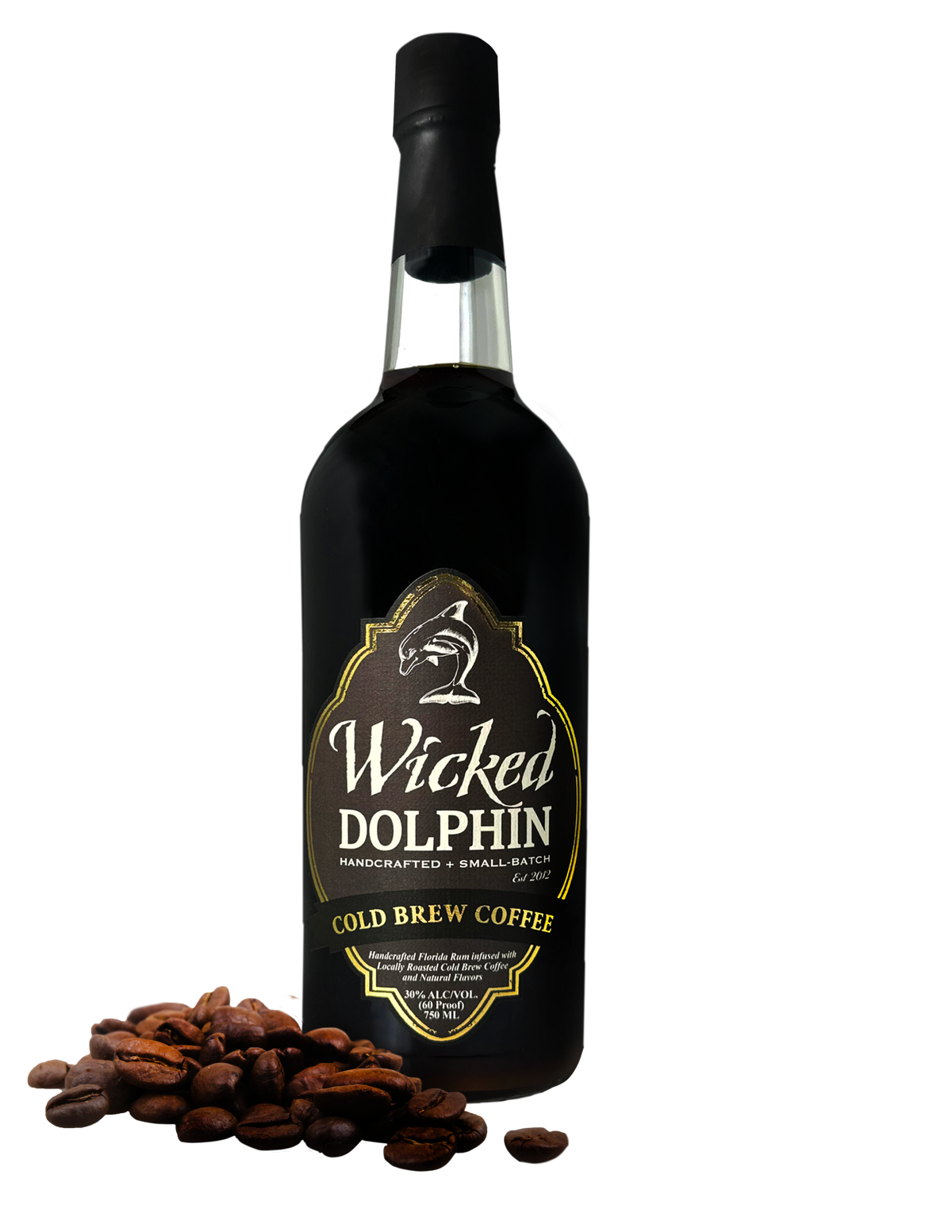 Wicked Dolphin Cold Brew Coffee Rum bottle with coffee beans, 750 ml Florida coffee rum