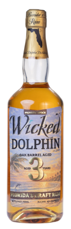 Wicked Dolphin 3 Year Barrel Aged Rum bottle, 750 ml private stock Florida rum