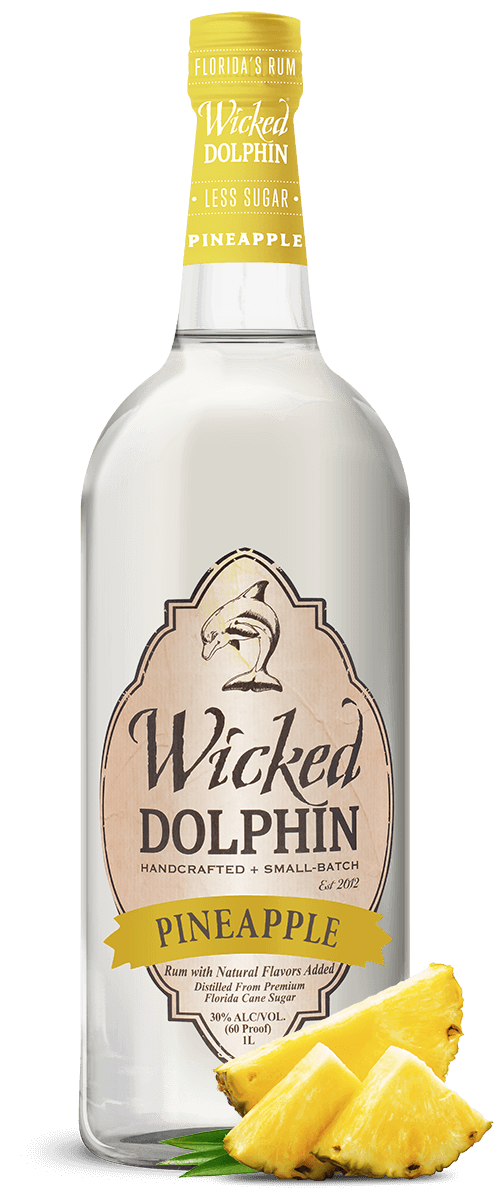 Wicked Dolphin Pineapple Rum bottle, 750 ml flame-charred pineapple rum